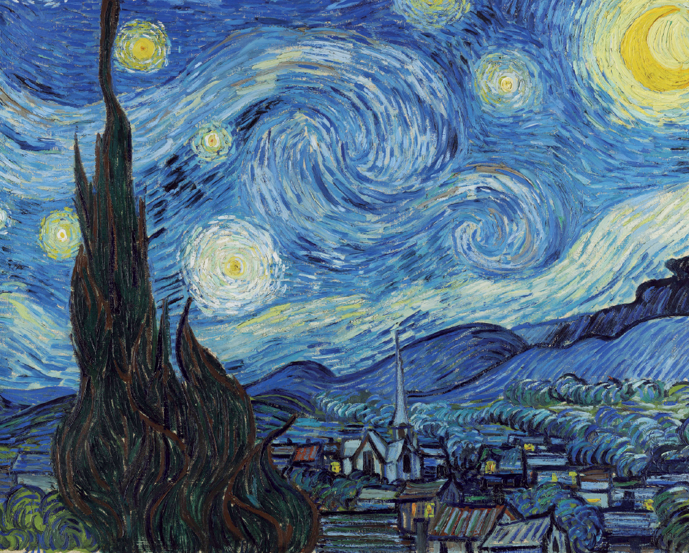 Imagem: Pintura. Vista geral de local com céu noturno em tons diferentes de azul, claro, médio e escuro, com círculos iluminados em branco, amarelo. À direita, lua em amarelo com o formato de letra C, com os contornos iluminados. Na parte inferior, à esquerda, em tons de marrom, similar a uma árvore com pontas na vertical de tamanhos diferentes. À direita, vista geral de cidade antiga compostas por casas com telhados. Ao centro, igreja com telhado fino na vertical. Em segundo plano, morros altos.  Fim da imagem.