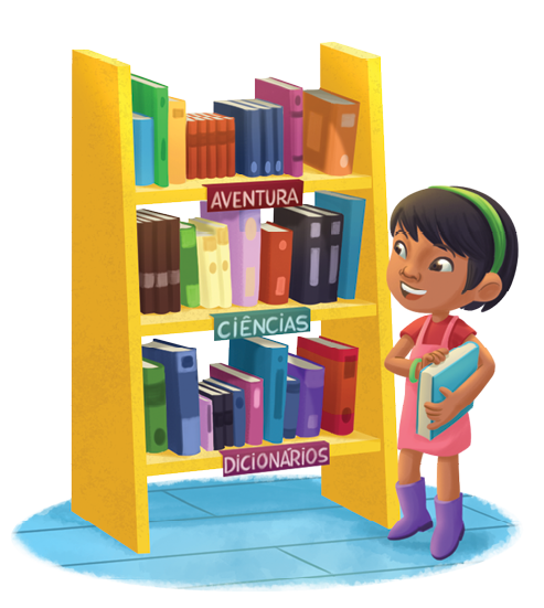Imagem: Ilustração. Uma menina de pele morena, cabelos curtos com franja, pretos, com faixa de cor verde, usando camiseta vermelha com jardineira rosa e botas lilás, com o livro de capa de cor azul-claro. À direita, a menina está de frente para estante de cor amarela com muitos livros na vertical, com etiquetas : AVENTURA, CIÊNCIAS, DICIONARIOS.  Fim da imagem.