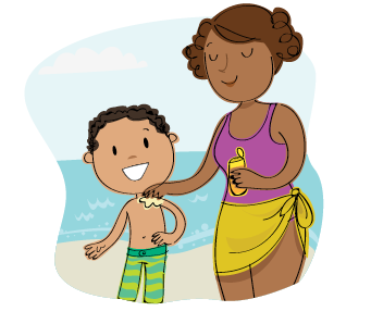 Imagem: Ilustração. À esquerda, menino de pele morena, com cabelos pretos encaracolados, sem camiseta e bermuda em verde com linhas finas na horizontal em amarelo. À direita, dele, uma mulher negra, olhos fechados, de cabelos castanhos, com maiô roxo, com saída de praia amarela, segurando pastel na mão direita, com pedaço na outra mão perto do menino. Ao fundo, praia com areia de cor bege e mar de cor azul-claro, com céu em azul-claro com nuvens brancas na parte superior.  Fim da imagem.