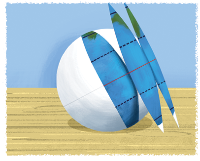 Imagem: Ilustração. Perto da bola descrita anteriormente, com outros três gomos azuis idênticos ao que já está colocado, com linhas pretas na horizontal.  Fim da imagem.