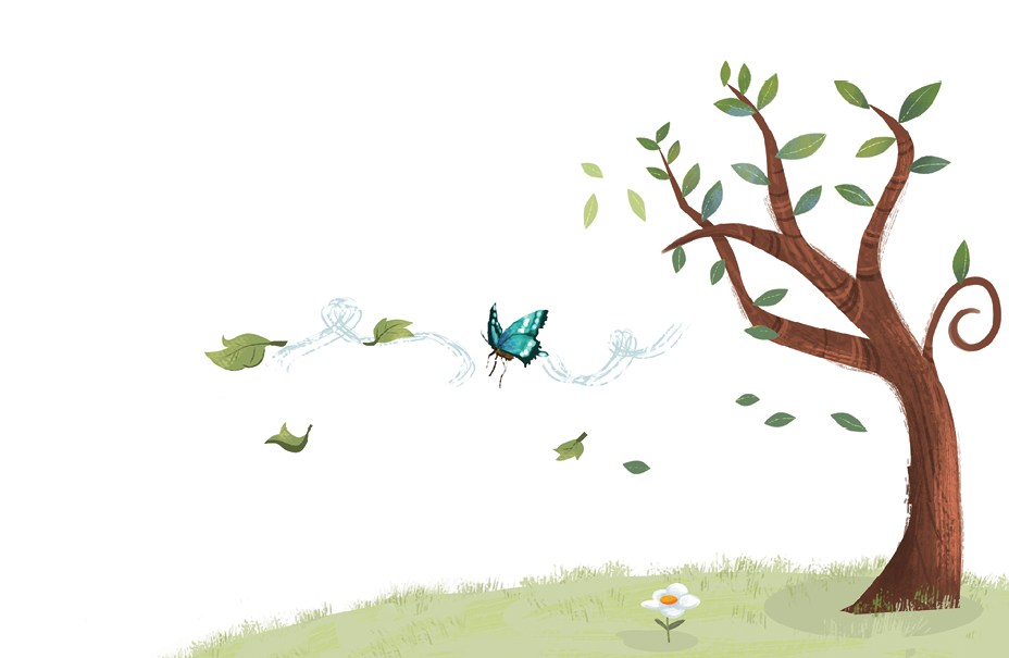 Imagem: Ilustração. Uma árvore com tronco de cor marrom com folhas verdes em galhos ramificados no alto. À esquerda, vento passando na horizontal com folhas verdes, com borboleta azul-claro com pontas em preto. Na parte inferior, grama com flor de pétalas brancas com miolo amarelo.  Fim da imagem.