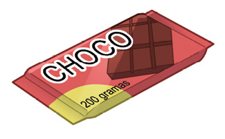 Imagem: À direita, uma embalagem de chocolate de cor rosa, com tablete de cor marrom escrito : CHOCO.  Fim da imagem.