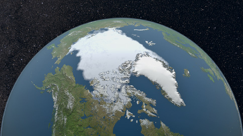 Imagem: Fotografia de satélite. Vista parcial da esfera terrestre em azul-escuro, continentes em verde e Ártico na parte superior, em branco.  Fim da imagem.