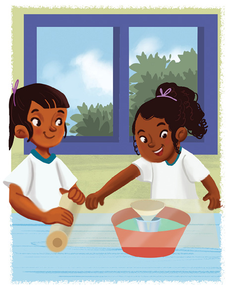 Imagem: Ilustração. As duas meninas descritas anteriormente. À esquerda, menina morena de franja, com rolo de plástico transparente passando sobre bacia vermelha com água, com funil na parte superior. Mais à direita, outra menina morena de cabelos pretos, para trás.  Fim da imagem.