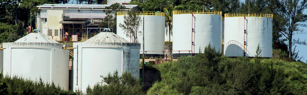 Imagem: Fotografia. Vista geral de local com morros com grama verde, com vegetação alta e entre elas, dois tanques à frente, arredondados em branco, com tampa de formato triangular. Mais ao fundo, à direita, três tanques redondos, com ferro contornando em amarelo na parte superior. Em segundo plano, árvores de folhas verdes e à esquerda, local com paredes e telhados em branco. À direita, céu de cor azul-claro.  Fim da imagem.