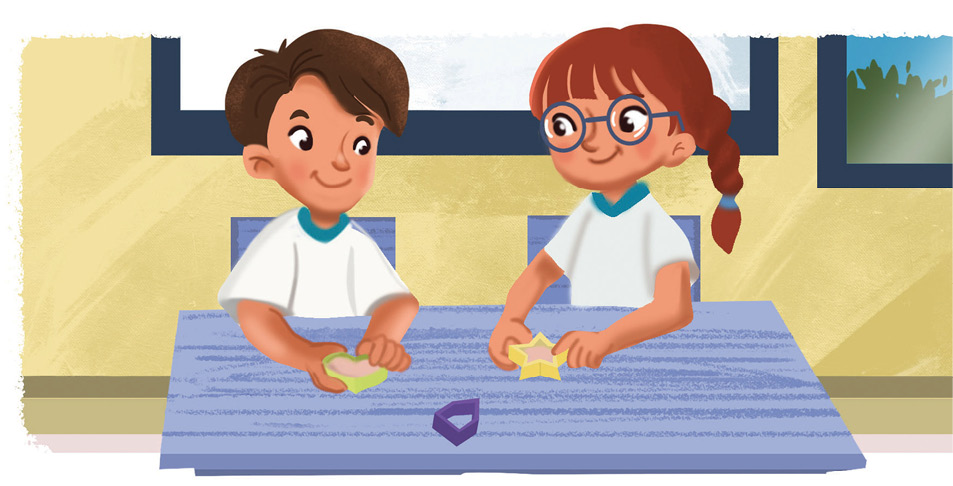 Imagem: Ilustração. Um menino e uma menina, ambos vestindo camiseta branca, estão sentada de frente para uma mesa e segurando moldes em formato de coração e estrela. Fim da imagem.