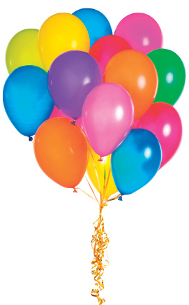 Imagem: Fotografia. Dezenas de bexigas coloridas em amarelo, azul, roxo, laranja, rosa e verde, com fitas fina laranjas na vertical.  Fim da imagem.