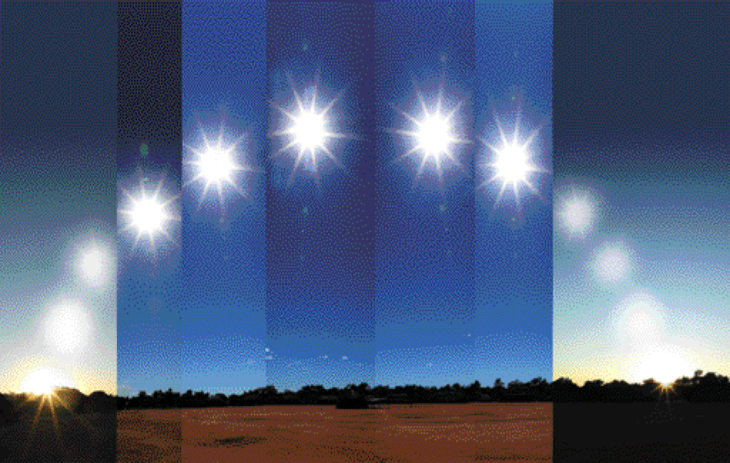 Imagem: Fotografia. Sete fases diferentes de sol em local com solo de cor marrom. Ao fundo, sombra em marrom de local com vegetação e na parte superior, céu de cor azul-claro. Da esquerda para à direita : sol de cor amarela com raios solares grandes, para o alto, céu em azul-escuro. Na segunda fase, o sol vai para cima. Na terceira fase, sol mais alto e céu mais claro. Na quarta fase, sol no alto com céu azul mais escuro. Na quinta fase, sol mais baixo, com céu azul. Na sexta fase, em céu azul-claro e na sétima fase, céu de cor azul-escuro com três imagens de sol mais claro.  Fim da imagem.