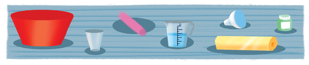 Imagem: Ilustração. Base na horizontal de cor azul com vários elementos. Da esquerda para à direita, uma bacia arredondada em vermelho; um copo plástico transparente arredondado; uma massa de modelar de cor rosa, uma jarra com água dentro; um funil pequeno branco; um filme plástico sobre base amarela na horizontal e um pote pequeno de cor verde, com tampa em branco.  Fim da imagem.