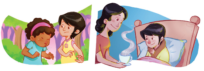 Imagem: Ilustração. À esquerda, menina morena com cabelos encaracolados castanhos, com faixa em rosa, usando camiseta de cor azul-claro, espirrando para frente. À direita, menina de cabelos pretos, com blusa em amarelo e detalhas em lilás, olhando para à esquerda, para a menina que espirra. Ao fundo, árvores com troncos em roxo e marrom e folhas verdes acima.  Ilustração. À esquerda, mulher vista da cintura para cima, de pele clara, cabelos pretos curtos até a nuca, com camiseta de cor marrom, segurando nas mãos, xícara sobre pires branco, por onde sai fumaça. À direita, a menina de cabelos pretos descrita anteriormente, sentada sobre cama. Ela está com a ponta do nariz em vermelho, blusa de cor amarela e gola marrom. Sobre ela, cobertor rosa e atrás do corpo, travesseiro em azul-claro.   Fim da imagem.