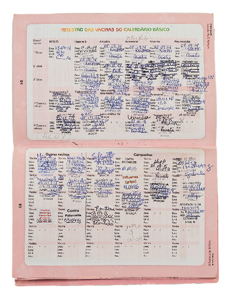 Imagem: Fotografia. Uma carteira de vacinação de cor rosa-claro. Título : Registro das vacinas do calendário básico: Na parte superior e inferior, dados de vacinação em letra cursiva em azul e outros campos em preto com nome da vacina, data, número de dose.  Fim da imagem.