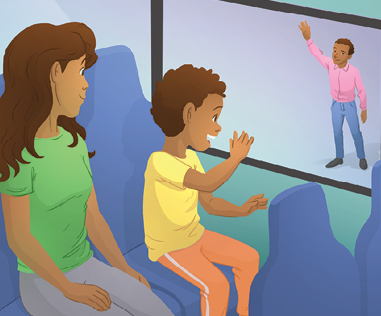 Imagem: Ilustração. Dentro de um ônibus, um menino moreno, com cabelos encaracolados castanhos, com camiseta amarela, com calça laranja, com a mão direita para frente perto da janela. À esquerda, uma mulher morena, cabelos castanhos até os ombros, com blusa de mangas curtas verde, com calça cinza, olhando para janela. Ao fundo, visto da janela, um homem em pé de pele morena, com cabelos encaracolados castanhos, com camisa de mangas compridas em rosa, com calça azul e sapatos cinzas.  Fim da imagem.