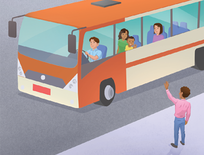 Imagem: Ilustração. O homem de pele morena, de cabelos encaracolados castanhos, com camisa de mangas compridas rosa, com calça azul e sapatos cinzas, vistos de costas, com braço esquerdo para cima. Mais ao fundo, ônibus de cor laranja com detalhes em branco. Vê-se o motorista na frente de pele clara, cabelos castanho-escuros, a mulher de camiseta verde e menino de camiseta amarela e no banco de trás, mulher de pele clara, cabelos castanhos, com blusa lilás.  Fim da imagem.