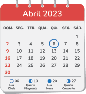 Imagem: Ilustração. Um calendário. Na parte superior, faixa em vermelho, texto em branco:  Abril 2023. Na parte inferior, colunas na vertical dos dias da semana:  DOM. SEG. TER. QUA. QUI. SEX. SÁB. O mês se inicia de 1 em sábado, um círculo no dia 6, quinta-feira. Na parte inferior, Lua Cheia – 06; Quarto Minguante – 13; Lua Nova – 20; Quarto Crescente – 27.  Fim da imagem.