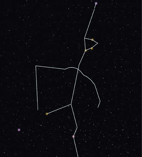 Imagem: Ilustração. Fundo de cor preta, com centenas de estrelas pequenas brancas. Ao centro, linha branca com a ponta superior de formato triangular, haste na esquerda na vertical. Na parte inferior, linha na vertical similar à tronco do corpo de uma pessoa. Linha fina na horizontal similar a braços e na parte inferior, linhas finas similar a pernas.  Fim da imagem.