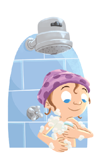 Imagem: Ilustração. Uma criança de pele clara, cabelos castanhos com touca em roxo e bolinhas em roxo-escuro, vista da cintura para cima, se ensaboando fazendo espuma branca. Ela olha para baixo e está debaixo de um chuveiro cinza. Fim da imagem.