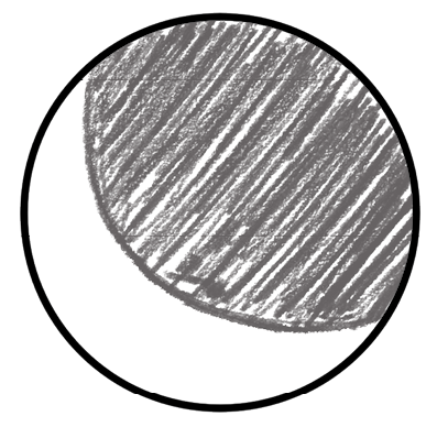 Imagem: Ilustração. Uma lua com linha preta redonda, com parte inferior fina em branco e do resto para à direita, linhas de cor cinza na vertical de lápis colorido em cinza.  Fim da imagem.