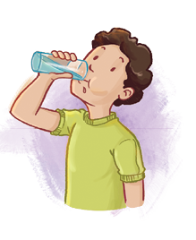 Imagem: Ilustração. Um menino de pele clara, cabelos castanhos encaracolados, com camiseta de cor verde-claro, com copo transparente na mão esquerda sobre a boca dele.  Fim da imagem.