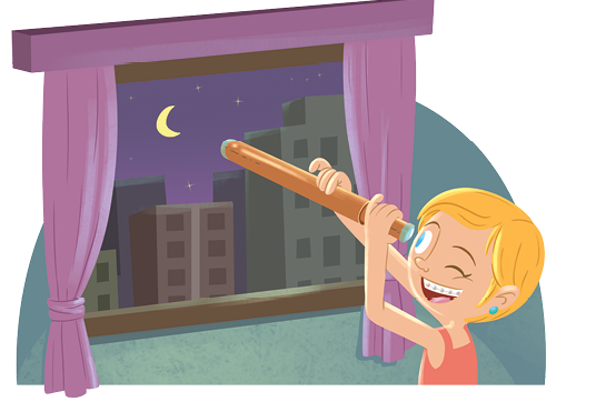 Imagem: Ilustração. À direita, criança de cabelos curtos, loira, com olhos e brinco na orelha em azul-claro, com blusa de alças finas em vermelho. Ela segura nas mãos uma luneta marrom com as mãos, para o alto, observando-a com o olho direito e boca aberta. Ela está de frente para janela aberta em marrom-escuro, com cortina de cor roxo, por onde vê-se céu noturno com estrelas e lua amarela, com formato de C e muitos prédios aglomerados da cidade.  Fim da imagem.