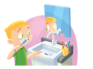 Imagem: Ilustração. Um menino loiro de olhos verdes com camiseta verde, escovando os dentes com escova azul na mão esquerda. Ele está de frente para pia branca quadrada, com torneira cinza, espelho quadrado na parede. Fim da imagem.