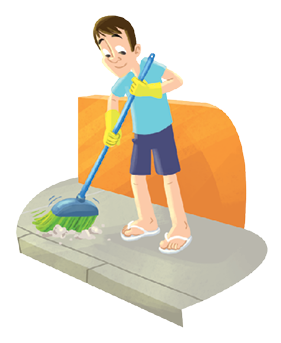 Imagem: Ilustração. Um homem de pele clara, cabelos pretos, com camiseta em azul-claro, com bermuda em azul-escuro, com chinelos brancos, com par de luvas amarelas nas mãos, varrendo calçada com vassoura de cor verde.  Fim da imagem.