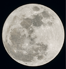 Imagem: Fase 3: Uma lua redonda iluminada de cor cinza, com partes em cinza-escuro sobre ela. Fim da imagem.