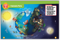 Imagem: Ilustração. Exemplifica como será a abertura da unidade. Página dupla composta por textos e imagens. Fim da imagem.