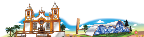 Imagem: Ilustração. À frente, muro branco, com detalhes de cor marrom. À esquerda, árvore de tronco fino pequeno com folhas verdes. Uma igreja de paredes de cor branca com detalhes de cor amarela, com duas janelas compridas na vertical e no alto, à esquerda e à direita, duas torres com pequenos relógios redondos, mais acima, um sino. Na parte superior, haste pequena de cor pequena. Ao centro, uma cruz pequena. Em segundo plano, céu azul com nuvens brancas e na ponta da direita, com vista parcial de folhas verdes.   Ilustração. À esquerda, um estabelecimento de teto arredondado médio e alto e paredes de cor azul-claro, azul-escuro e parte em branco. Ao redor, grama de cor verde com plantas com pétalas em vermelho. Ao fundo, à esquerda, estrutura na vertical marrom e parte pequena na horizontal. Ao redor, árvores verdes. No alto, céu azul-claro com nuvens brancas.  Fim da imagem.