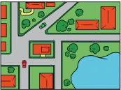 Imagem: Ilustração. Vista do alto de local com ruas cinzas, quadras com casas e árvores de folhas verdes e na ponta inferior à direita, local com água em azul-claro.  Fim da imagem.