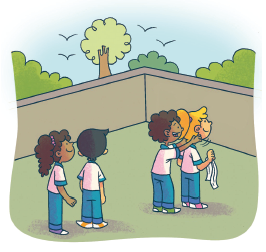 Imagem: Ilustração. As quatro crianças descritas anteriormente. À esquerda, menina de pele negra, cabelos castanhos atrás do menino de pele clara, cabelos pretos. À frente, menino de pele negra com cabelos castanhos e à frente, menina de cabelos loiros segurando na mão direita um pano branco. Ao fundo, muro de cor marrom-claro e em segundo plano, vegetação verde, árvores. No céu, azul-claro, sem nuvens e três pássaros pretos.  Fim da imagem.