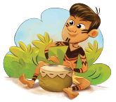 Imagem: Ilustração. Um indígena sentado de frente para um tambor de cor marrom, com a parte superior de tecido de cor bege-claro. Ele tem cabelos em castanho-escuro, com pinturas em marrom no corpo, no rosto, nos braços e no tornozelo, batendo com as mãos no tambor. Ao fundo, vegetação de cor verde rasteira e no alto, céu em azul-claro.  Fim da imagem.