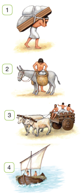 Imagem: Ilustração 1. Um homem moreno com saia longa branca, descalço, carregando sobre as costas, com o corpo inclinado para à direita, uma base marrom com pedras cinzas em cima. Ilustração 2. Um homem atrás de um burro cinza, carregando um saco com pedras cinzas dentro. O homem tem pele morena, cabelos pretos, olhando para baixo. Ilustração 3. Dois bois brancos para à esquerda, com cordas finas que vão até as mãos de um homem que os conduz. Este tem pele morena, cabelos pretos e saiote branco. Sobre base com rodas grandes marrons, dois outros homens sentados, vistos de costas. Ilustração 4. Sobre oceano azul, um barco pequeno de cor marrom, com vela de cor branca, e dois homens dentro.   Fim da imagem.