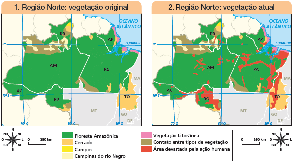 Imagem: Ilustração. Mapa. 1. Região Norte: vegetação original. Legenda: Verde: Floresta Amazônica Laranja claro: Cerrado Amarelo: Campos Bege: Campinas do rio Negro Rosa: Vegetação Litorânea Marrom: Contato entre tipos de vegetação Vermelho: área devastada pela ação humana Rosa dos ventos com os sentidos: N, NO, O, SO, S, SE, L, NE Escala: 0 – 390 Km Floresta Amazônica: nos estados de AC, grande parte da AM, Noroeste de RR, grande parte do PA e AP e RO; Cerrado: Maior parte do TO, Sul e pequena parte do PA, sul de RO e nordeste de RR. Campos: Nordeste de RR. Campinas do rio Negro: o norte do AM. Vegetação Litorânea: região leste e nordeste do AP e PA.  Contato entre tipos de vegetação: No norte de AM, sul de RO e leste de RR, sul de PA.  Ilustração. Mapa. 2. Região Norte: vegetação atual. Floresta Amazônica: nos estados de AC, grande parte da AM, Noroeste de RR, grande parte do PA e AP e pouca parte em RO; Cerrado: Maior parte do TO, Sul e pequena parte do PA, pequena parte de sul de RO e nordeste de RR. Campos: Nordeste de RR. Campinas do rio Negro: o norte do AM. Vegetação Litorânea: região leste e nordeste do AP e PA.  Contato entre tipos de vegetação: No norte de AM, sul de RO e leste de RR, sul de PA.  área devastada pela ação humana: grande parte de RO, leste e pequenos pontos no norte de AC, no centro de AM em partes pequenas; grande parte de PA finas, na horizontal e parte grande fina na vertical de ponta a ponta de TO e partes pequenas no sul em RR e AP.  Fim da imagem.