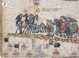 Imagem: Ilustração 2. Solo de cor bege por onde passam camelos à frente de cor cinza, com dezenas de homens atrás, com roupas em vermelho e verde. Mais à direita, homens sobre cavalos de cor azul e marrom, com vestes de cor vermelha e verde e gorros em azul. Na parte inferior, castelos pequenos de paredes em bege e partes em vermelho.  Fim da imagem.