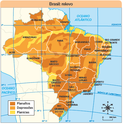 Imagem: Ilustração. Mapa. Brasil: relevo. Rosa dos ventos com os sentidos: N, NO, O, SO, S, SE, L, NE. Escala: 0 – 380 Km Legenda: Em marrom: Planaltos Em laranja: Depressões Em amarelo: Planícies  Roraima: Norte com planaltos e restante com depressões. Amapá: grande parte com depressões e partes oeste e leste em planaltos. Amazonas: Ao centro, na horizontal, partes com planícies, à nordeste, pequenas partes em: planaltos e resto com depressões. Acre: grande parte com depressões e pequena parte com planícies.  Pará: grande parte central com depressões, parte do alto com planaltos e no norte, com planícies. Rondônia: grande parte com depressões, no sul, planícies e pequena parte à direita com planaltos.  Mato Grosso: grande parte com depressões, ao centro com planaltos e pequena parte à leste com planícies.  Mato Grosso do Sul: noroeste em planícies, a leste com planaltos e sul com depressões. Maranhão: grande parte com planaltos e norte com planícies. Tocantins: grande parte com depressões, parte fina na vertical com planaltos e pequena parte ao oeste com planícies.  Goiás – Distrito Federal: grande parte com planaltos e no alto, depressões.  Ceará: grande parte com depressões e no norte: planícies. Piauí: grande parte com planaltos e pequena parte com planícies.  Rio grande do norte: com metade com depressões e ao norte, em planícies.  Paraíba: parte costeira com planícies e grande parte com depressões e planaltos. Pernambuco: parte costeira com planícies e grande parte com depressões e planaltos. Alagoas: parte costeira com planícies e grande parte com depressões.  Sergipe: grande parte com depressões e parte costeira com planícies.  Bahia: grande parte com depressões e parte pequena ao centro e à oeste com planaltos.  Minas Gerais: grande parte com planaltos e parte centro até o norte com depressões.  Espírito Santo: com grande parte com planaltos, com pequena parte com planícies. Rio de janeiro: grande parte com planaltos.  São Paulo: Grande parte composta por planaltos e ao centro com depressões. Paraná: Grande parte composta por planaltos e ao centro com depressões. Santa Catarina: Grande parte composta por planaltos e ao centro e norte com depressões. Rio de grande do Sul: Grande parte composta por planaltos e abaixo com depressões, com costa do mar composta por: Planícies.   Fim da imagem.
