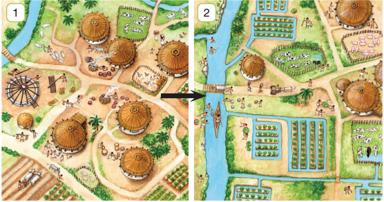 Imagem: Ilustração 1. Vista do alto de local com solo de cor bege-claro, com moradias arredondadas de paredes em branco, com telhado de cor marrom-claro. À esquerda, um rio fino de água azul e uma ponta em cima, com porcos e um homem perto. Abaixo, outros quatro homens constroem uma moradia, fazendo o teto. Na parte inferior, local com dois bois brancos arando solo de cor marrom-claro e plantações de folhas verdes. Ao centro, uma pessoa perto de fogueira, outra alimentando galinhas e outra pessoa perto de potes com líquido amarelo. Na parte superior, outras pessoas perto de fogueira e cercado com vacas em branco e preto e à direita, cercado com galinhas e galos. Flecha para à direita de cor preta: Ilustração 2. Vista do alto de local com um rio longo de cor azul-claro na vertical, por onde há uma canoa com pessoa e outras, no rio. Ao centro, ponte por onde passa um boi branco e à frente de um homem. Na outra ponta, outros homens no rio, um com uma haste na mão direita. À direita, solo com vegetação de cor verde, com cercado de madeira com vacas em branco e preto e uma preta. Mais à direita, cercado de madeira com dezenas de porcos em rosa e vista parcial de moradia de paredes brancas com telhado marrom e uma pessoa perto, carregando algo nas mãos. Mais abaixo, local com pessoas trabalhando, potes com água, rio entre plantação de alimentos com folhas verdes, em seções. Mais à direita, moradias e cercado de madeira com vacas em branco e manchas em preto e uma preta. Na parte inferior, outras vegetações.   Fim da imagem.