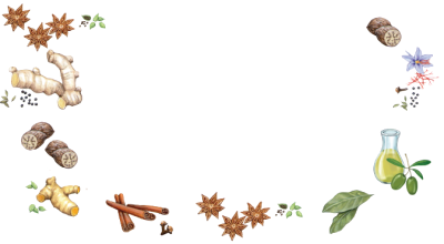 Imagem: Ilustração. Especiarias: três carambolas de cor marrom, folhas e esferas pequenas verdes, dois pedaços de gengibre de cor bege-claro, dois pedaços de inhames, outro pedaço de gengibre, hastes de canelas em marrom tubular, outras carambolas, folhas verdes, uma jarra transparente em verde-claro, dois limões, uma flor de pétalas azuis e dois pedaços de inhames marrom.  Fim da imagem.