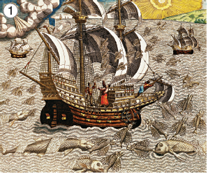 Imagem: Gravura 1. Um navio de cor marrom com hastes finas na vertical, com velas de cor branca e pessoas dentro, em alto mar de cor bege, com peixes nadando, alguns grandes. Mais à direita, uma embarcação pequena de cor marrom com velas brancas. Ao fundo, sol redondo amarelo.  Fim da imagem.