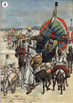 Imagem: Gravura 4. Local com solo arenoso de cor bege-claro, com homens morenos, com vestes longas brancas. À esquerda, um homem em pé, de frente para cabras, perto delas, um homem visto de lado, com um chapéu grande bege com detalhes em vermelho. À direita, um homem negro sobre um animal quadrúpede marrom, carregando carga. Mais ao fundo, um camelo com carga em cima coberto com tecido em verde e vermelho e mais ao fundo, outros animais e homens sobre eles. No alto, céu de cor azul com nuvens brancas.  Fim da imagem.