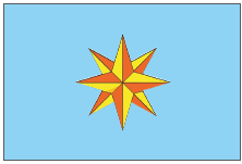 Imagem: Ilustração. Rosa dos ventos de cor amarelo e laranja. À frente, estrela com quatro pontas e atrás, outras quatro pontas, totalizando oito pontas. Fim da imagem.