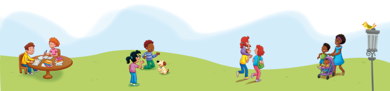 Imagem: Ilustração. Vista de local com grama de cor verde-claro, com crianças. À esquerda, um menino e uma menina sentados de frente para uma mesa marrom, com cadernos abertos e duas pilhas de livros perto deles. O menino tem pele clara, cabelos castanhos com blusa de mangas compridas em amarelo, calça azul e sapatos em preto e branco. A menina, à direita, tem pele clara, cabelos ruivos encaracolados presos para trás, com camiseta de cor lilás, com uma caneta azul na mão esquerda. Mais à direita, um menino agachado, de joelhos sobre a grama, com pele negra, cabelos encaracolados castanhos, usando blusa de mangas compridas com faixas em branco e azul-claro, com calça em verde e sapatos claros e as mãos para frente, em direção a um cachorro de pelos de cor bege, focinho preto e orelhas em marrom. De frente para eles, uma menina de pele clara, com cabelos pretos amarrados para trás, com camiseta lilás, calça azul e sapatos em branco e verde, com par de óculos de grau azul, vista de costas, com a mão direita para cima.  Mais à direita, um homem visto de costas com camiseta de cor amarela, calça azul, carregando nas costas, uma menina ruiva de macacão lilás. Ambos são vistos de costas. À direita, uma mulher vista de costas de camiseta azul, calça rosa e sapatos brancos, com cabelos ruivos e bolsa verde no ombro direito. À frente deles, uma mulher de pele negra, cabelos encaracolados pretos, com faixa em lilás, vestido sem mangas de cor azul e sapatos marrons. Ela carrega nas mãos um carrinho com um bebê negro sentado nele, de blusa de cor amarela. Ao lado dela, menino de pele negra, cabelos pretos, com regata verde e bermuda azul. Na ponta da direita, um poste de cor cinza, por onde há um pássaro de penas amarelas e bico pequeno laranja.   Fim da imagem.