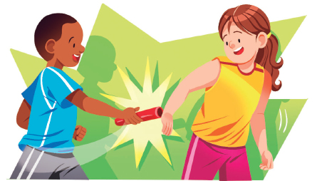 Imagem: Ilustração. À esquerda, um menino usando camiseta azul e short. Ele está correndo e segurando um bastão na direção de uma menina com cabelos presos, usando uma blusa regata e short. Ela está com o braço estendido para trás, na direção do bastão. Fim da imagem.