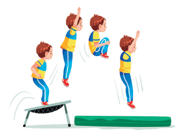 Imagem: Ilustração. Um menino com cabelos castanhos, uniformizado, exemplificando o Salto grupado em 4 movimentos. 1. O menino com os joelhos flexionando e os cotovelos flexionados em um trampolim. 2. Ele salta com os braços estendidos para cima e a perna estendida para baixo. 3. No ar, com as pernas flexionadas próximo a barriga, abraçando as pernas com as mãos. 4. Ele está com os braços estendidos para cima e a perna estendida para baixo próximo a um colchão. Fim da imagem.