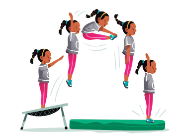 Imagem: Ilustração. Uma menina com cabelos presos, usando camiseta cinza e legging rosa, exemplificando o Salto carpado em 5 movimentos. 1. Ela está em pé em cima do trampolim com as mãos estendidas para frente e para cima na diagonal. 2. Ela salta com os braços estendidos para cima e a perna estendida para baixo. 3. No ar, ela inclina a coluna aproximando a barriga das pernas esticadas em noventa graus e as mãos encostando nos pés. 4. Ainda no ar com as mãos próximo ao corpo e as pernas estendidas para baixo. 5. Ela está com os pés sobre o colchão e as pernas estendidas para cima. Fim da imagem.