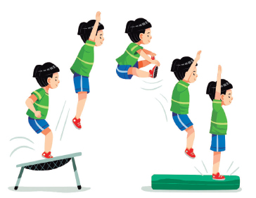 Imagem: Ilustração. Um menino com cabelos pretos usando camiseta verde e short azul, exemplificando o Salto afastado em cinco movimentos. O menino com os joelhos flexionando e os cotovelos flexionados em um trampolim. 2. Ele salta com os braços estendidos para cima e a perna estendida para baixo. 3. No ar, com as pernas em noventa graus afastadas na diagonal do corpo, com o tronco levemente inclinado e as mãos tocando os pés. 4. Ainda no ar com as mãos estendidas para cima, as pernas estendidas para baixo com o joelho levemente flexionado. 5. Em pé em cima do colchão com as mãos estendidas para cima. Fim da imagem.