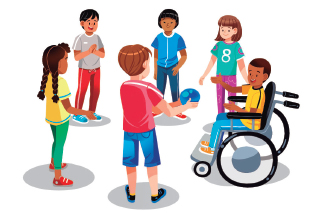 Imagem: Ilustração. Crianças em disposição de roda, uma delas segura uma bola na direção da criança ao lado. Abaixo, o texto: Roda cantada Peixe vivo. Fim da imagem.