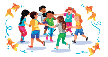 Imagem: Ilustração. Crianças de mãos dadas em roda. No centro, uma menina com as mãos no rosto. Abaixo, o texto: Roda cantada A canoa virou. Fim da imagem.