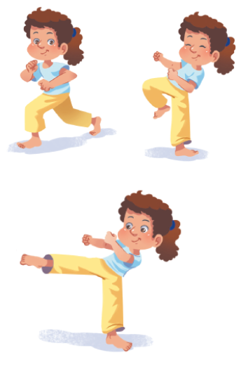 Imagem: Ilustração. Uma menina com cabelos cacheados, com cabelos atrás da cabeça, usando uma camiseta branca e uma calça amarela, exemplificando, o Martelo em três movimentos. 1. Ela está com a perna esquerda para trás, a perna direita flexionada, os braços flexionados próximo ao corpo com as mãos fechadas. 2. Ela está com a perna esquerda flexionada e levanta, o pé direito no chão e os braços flexionados próximo ao corpo com as mãos fechadas. 3. Ela está com a perna esquerda estendida paralelamente em 90º, o pé direito no chão e os braços flexionados com as mãos fechadas próximo ao rosto. Fim da imagem.