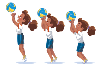 Imagem: Esquema. Ilustração de uma menina com cabelos castanhos uniformizada, exemplificando o Levantamento de bola em três movimentos. 1. Ela está de perfil com os joelhos esticados e braços estendidos para cima na direção de uma bola que está no ar. 2. Ela está com os joelhos semi-flexionados, os braços estendidos para cima com a bola nas mãos. 3. Ela está com a bola nas mãos com os cotovelos flexionados e joelhos flexionados com os dedos dos pés apoiando o chão.  Fim da imagem.