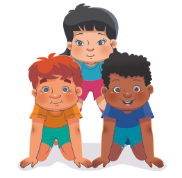 Imagem: Ilustração. Dois meninos com as mãos e os joelhos no chão. Acima, uma menina com as mãos e joelhos sobre as costas dos meninos.  Fim da imagem.